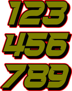 TRIPLE DIGIT / RACE STYLE: 1" - 8"  NUMBER DECALS  (custom colors)